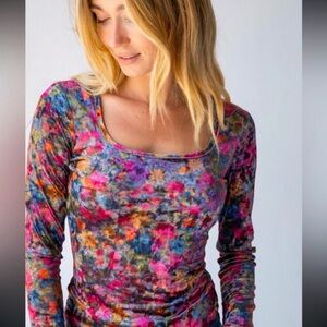 Natural Life Danielle Square Neck Floral Y2K Velvet Long Sleeve Top size small